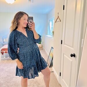 Apiece Apart Blue Floral Organic Cotton Long Sleeve Mini Dress Medium